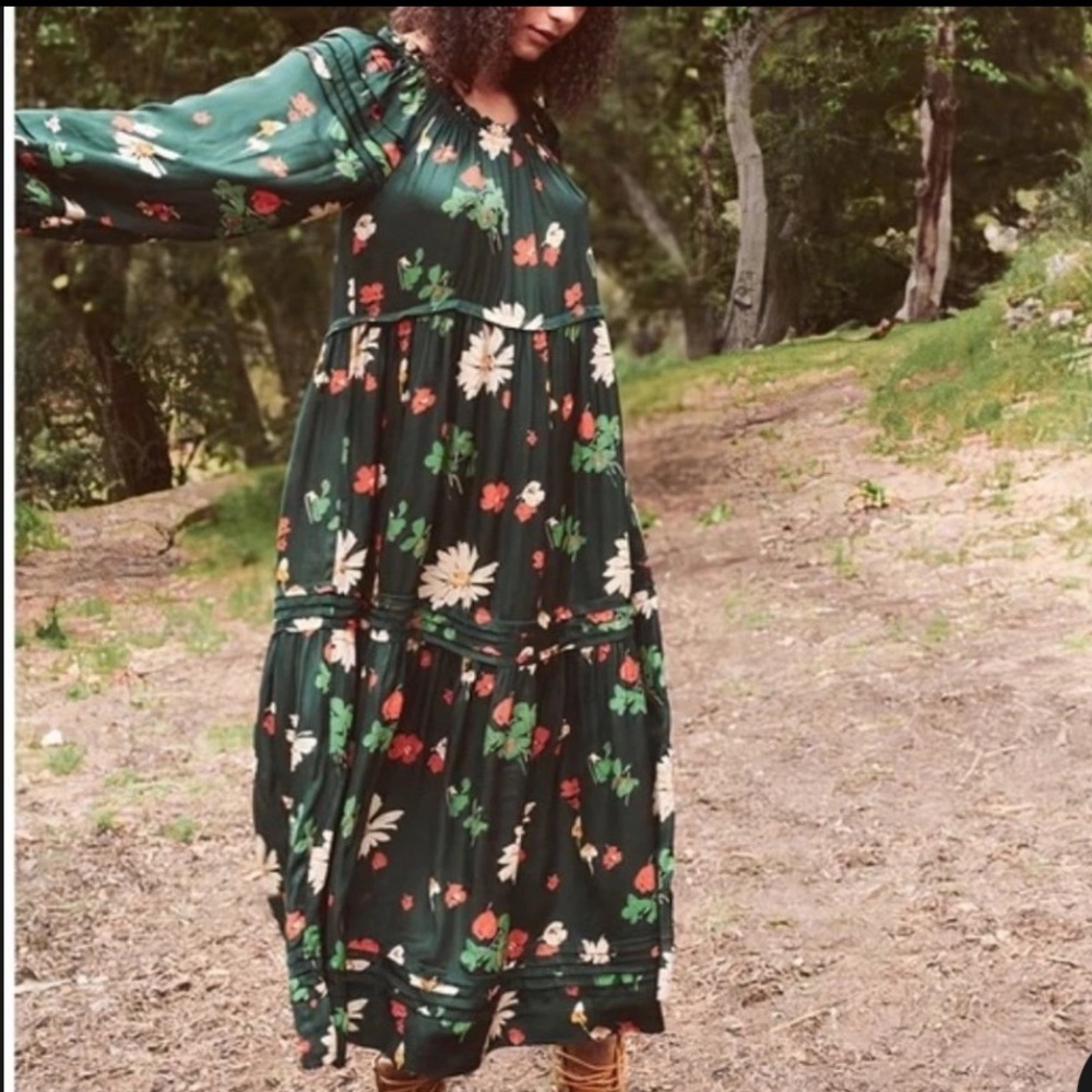 The Great Tearoom Floral Maxi Dress Sz 3(US L)Green Floral Boho Tiered Ruffle